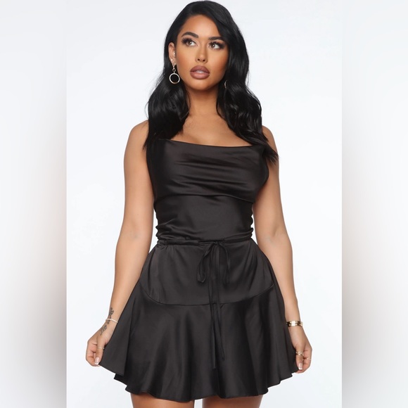 (NEW) Fashion Nova - Black Satin Mini Slip Dress (Size S) - Picture 1 of 6
